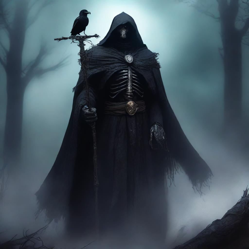 A cunning and scheming undead lord, holding a powerful staff, clad in a cloak of ashes and deathly aura