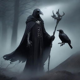 A cunning and scheming undead lord, holding a powerful staff, clad in a cloak of ashes and deathly aura