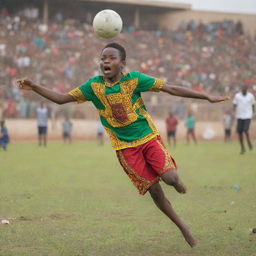 A 9-year-old Ghanaian boy, dressed in colorful traditional clothes, energetically leaping to make an outstanding save in a vibrant game of football. The background is a bustling football field with other excited children playing.