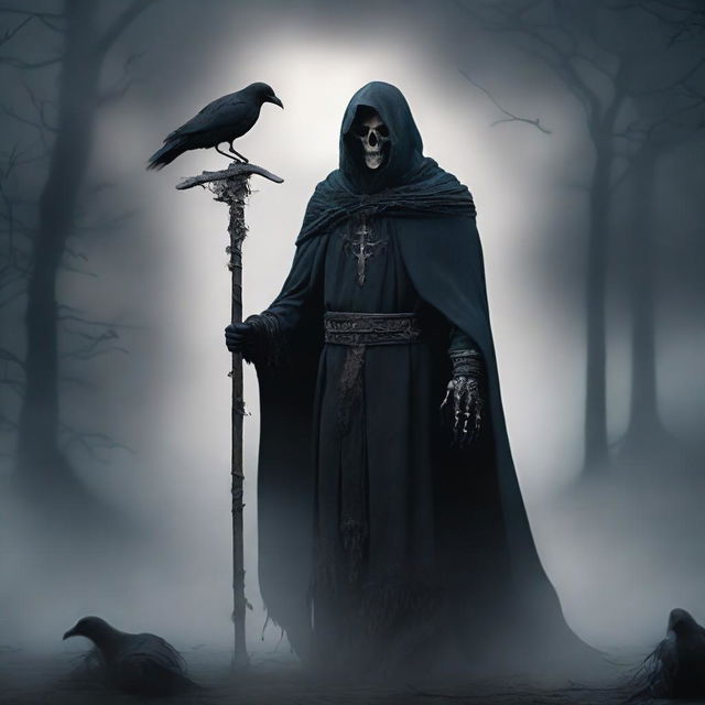 A cunning and scheming undead lord, holding a powerful staff, clad in a cloak of ashes and deathly aura