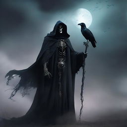 A cunning and scheming undead lord, holding a powerful staff, clad in a cloak of ashes and deathly aura