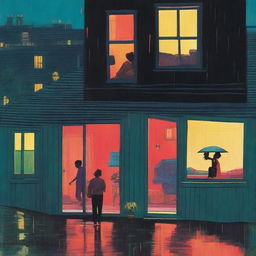 A book cover titled 'The Escape' featuring a nighttime suburban scene in the rain