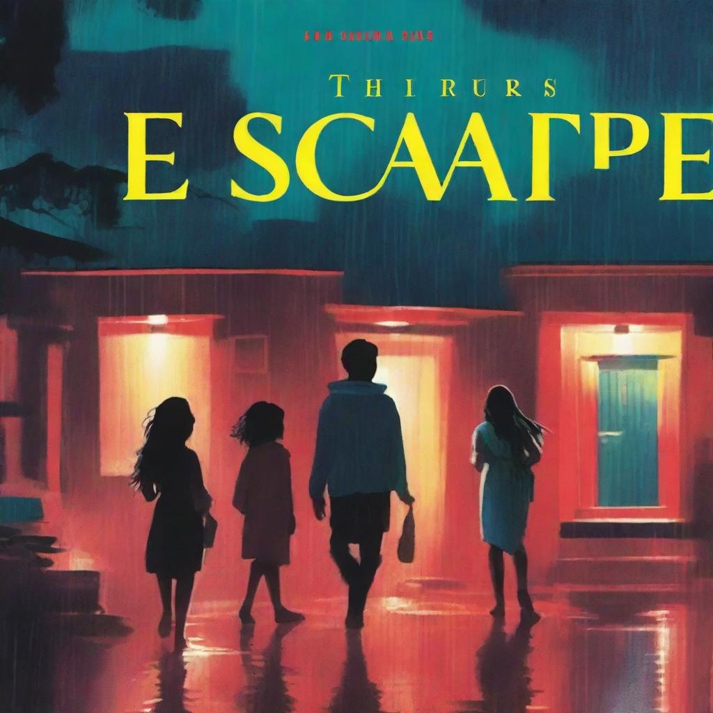 A book cover titled 'The Escape' featuring a nighttime suburban scene in the rain