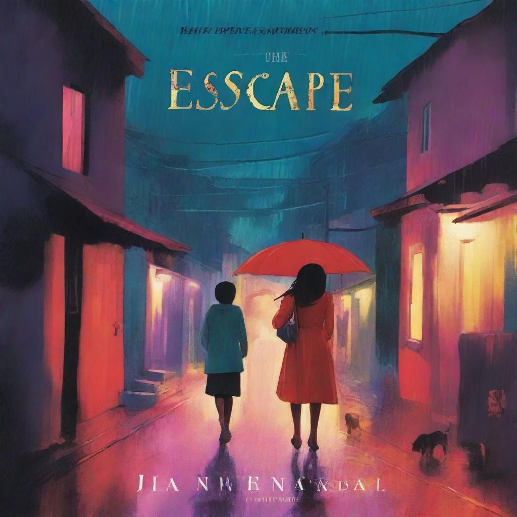 A book cover titled 'The Escape' featuring a nighttime suburban scene in the rain