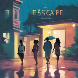 A book cover titled 'The Escape' featuring a nighttime suburban scene in the rain