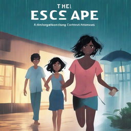 A book cover titled 'The Escape' by Adhvaitha featuring a nighttime suburban scene in the rain