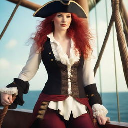 A beautiful female human pirate with red hair, wearing a tricorn hat