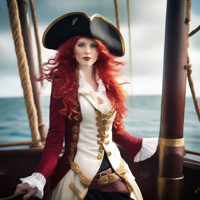 A beautiful female human pirate with red hair, wearing a tricorn hat