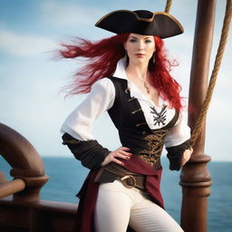 A beautiful female human pirate with red hair, wearing a tricorn hat