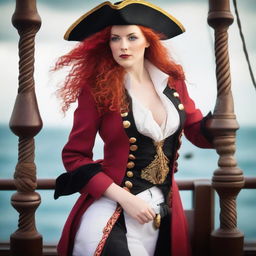 A beautiful female human pirate with red hair, wearing a tricorn hat