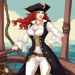 An illustrated image of a beautiful female human pirate with red hair, wearing a tricorn hat