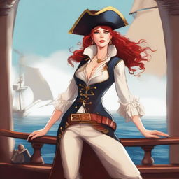 An illustrated image of a beautiful female human pirate with red hair, wearing a tricorn hat