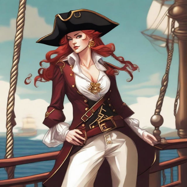 An illustrated image of a beautiful female human pirate with red hair, wearing a tricorn hat