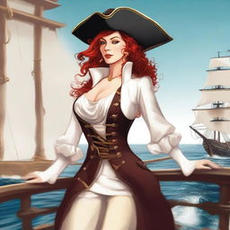 An illustrated image of a beautiful female human pirate with red hair, wearing a tricorn hat