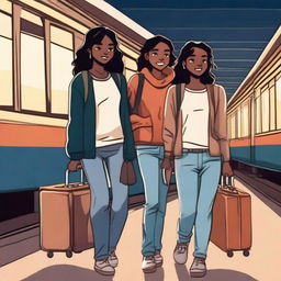 Three teenagers, two girls and one tall boy, all with espresso-colored skin, are walking out of an Indian train station at night