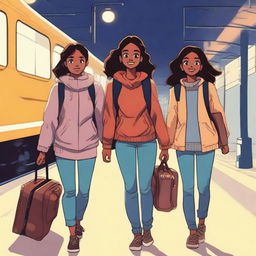 Three teenagers, two girls and one tall boy, all with espresso-colored skin, are walking out of an Indian train station at night