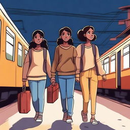 Three teenagers, two girls and one tall boy, all with espresso-colored skin, are walking out of an Indian train station at night