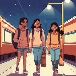 Three teenagers, two girls and one tall boy, all with espresso-colored skin, are walking out of an Indian train station at night