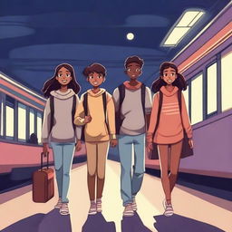 Three teenagers, one boy and two girls, all with espresso-colored skin, are walking out of an Indian train station at night