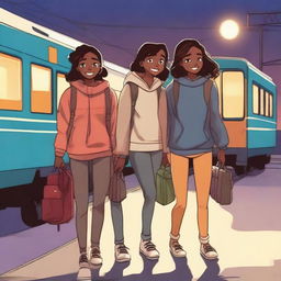 Three teenagers, one boy and two girls, all with espresso-colored skin, are walking out of an Indian train station at night