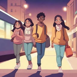 Three teenagers, one boy and two girls, all with espresso-colored skin, are walking out of an Indian train station at night