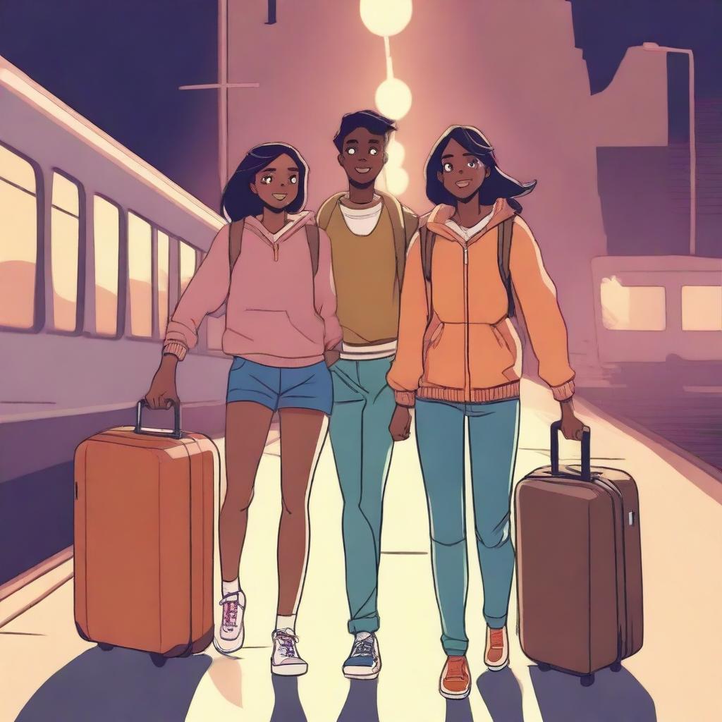 Three teenagers, one boy and two girls, all with espresso-colored skin, are walking out of an Indian train station at night