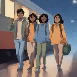Three teenagers, one boy and two girls, all with espresso-colored skin, are walking out of an Indian train station at night