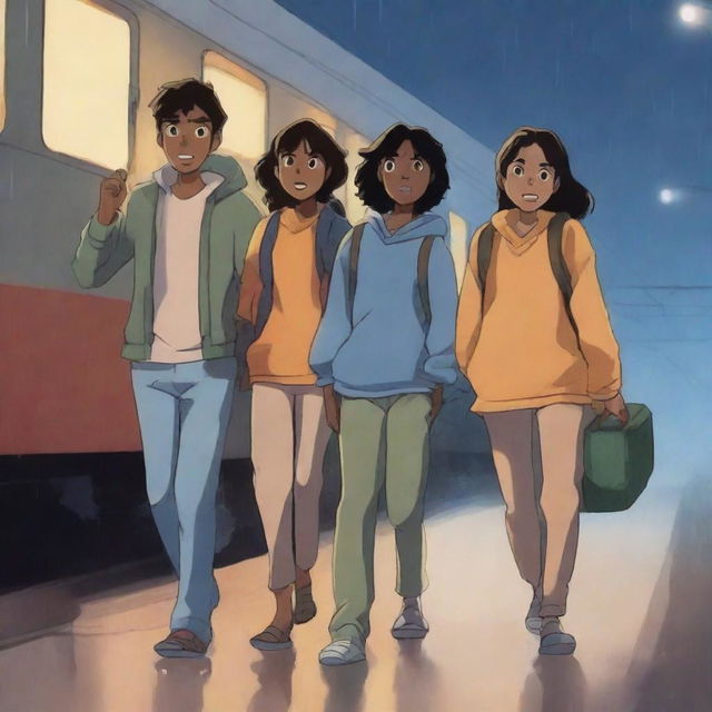 Three teenagers, one boy and two girls, all with espresso-colored skin, are walking out of an Indian train station at night