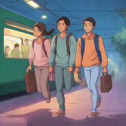 Three teenagers, one boy and two girls, all with espresso-colored skin, are walking out of an Indian train station at night