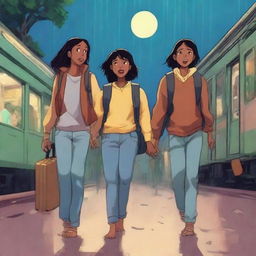 Three teenagers, one boy and two girls, all with espresso-colored skin, are walking out of an Indian train station at night