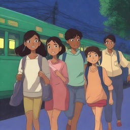 Three teenagers, one boy and two girls, all with espresso-colored skin, are walking out of an Indian train station at night