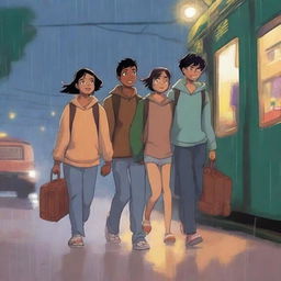 Three teenagers, one boy and two girls, all with espresso-colored skin, are walking out of an Indian train station at night