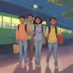 Three teenagers, one boy and two girls, all with espresso-colored skin, are walking out of an Indian train station at night