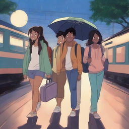 Three teenagers, one boy and two girls, all with espresso-colored skin, are walking out of an Indian train station at night