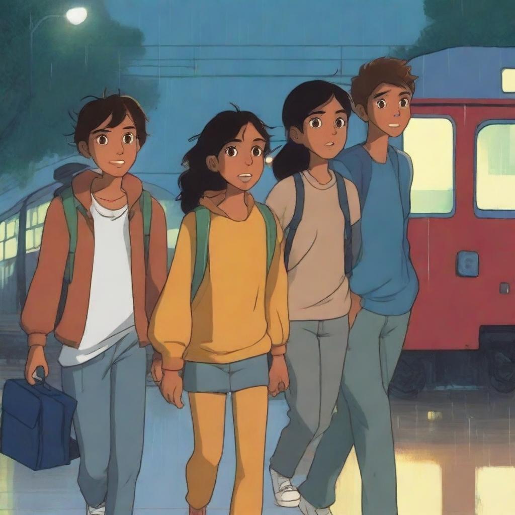 Three teenagers, one boy and two girls, all with espresso-colored skin, are walking out of an Indian train station at night