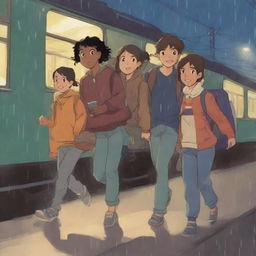 Three teenagers, one boy and two girls, all with espresso-colored skin, are walking out of an Indian train station at night