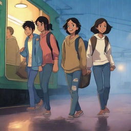 Three teenagers, one boy and two girls, all with espresso-colored skin, are walking out of an Indian train station at night