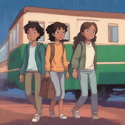 Three teenagers, one boy and two girls, all with espresso-colored skin, are walking out of an Indian train station at night