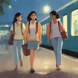 Three teenagers, two girls and one tall boy, all with espresso-colored skin, are walking out of an Indian train station at night