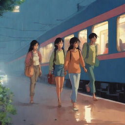 Three teenagers, two girls and one tall boy, all with espresso-colored skin, are walking out of an Indian train station at night