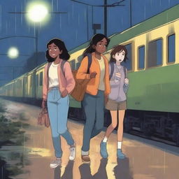 Three teenagers, two girls and one tall boy, all with espresso-colored skin, are walking out of an Indian train station at night