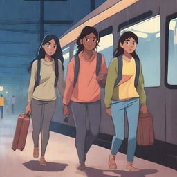 Three teenagers, two girls and one tall boy, all with espresso-colored skin, are walking out of an Indian train station at night