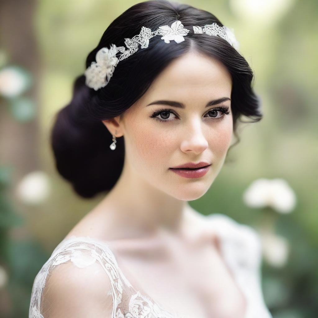 Generate an image of a bride with pale skin, dark brown eyes, freckles, and flowing black hair