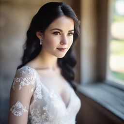 Generate an image of a bride with pale skin, dark brown eyes, freckles, and flowing black hair