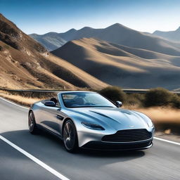 A sleek silver Aston Martin driving on a winding mountain road under a shiny sunny sky