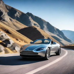 A sleek silver Aston Martin driving on a winding mountain road under a shiny sunny sky