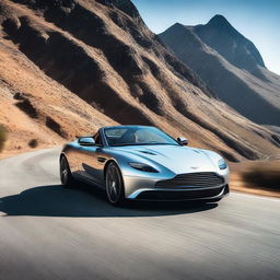 A sleek silver Aston Martin driving on a winding mountain road under a shiny sunny sky