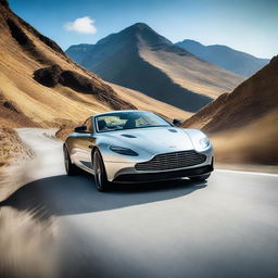 A sleek silver Aston Martin driving on a winding mountain road under a shiny sunny sky