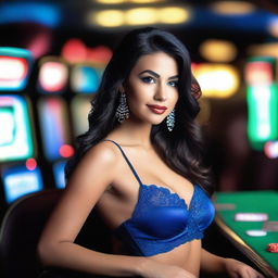 A sexy woman in blue lingerie is posing for a photoshoot in a casino