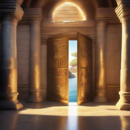 The stone doors swing open, revealing a room bathed in a shimmering golden radiance like sunlight reflecting off the ocean